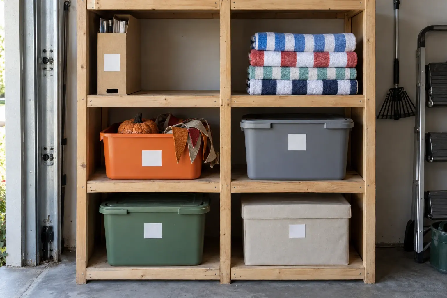Garage shelves with two bays: a file box of manuals, striped beach towels, an open orange tote with a fabric pumpkin and bunting, a closed gray bin, a closed green tote, and a beige box.