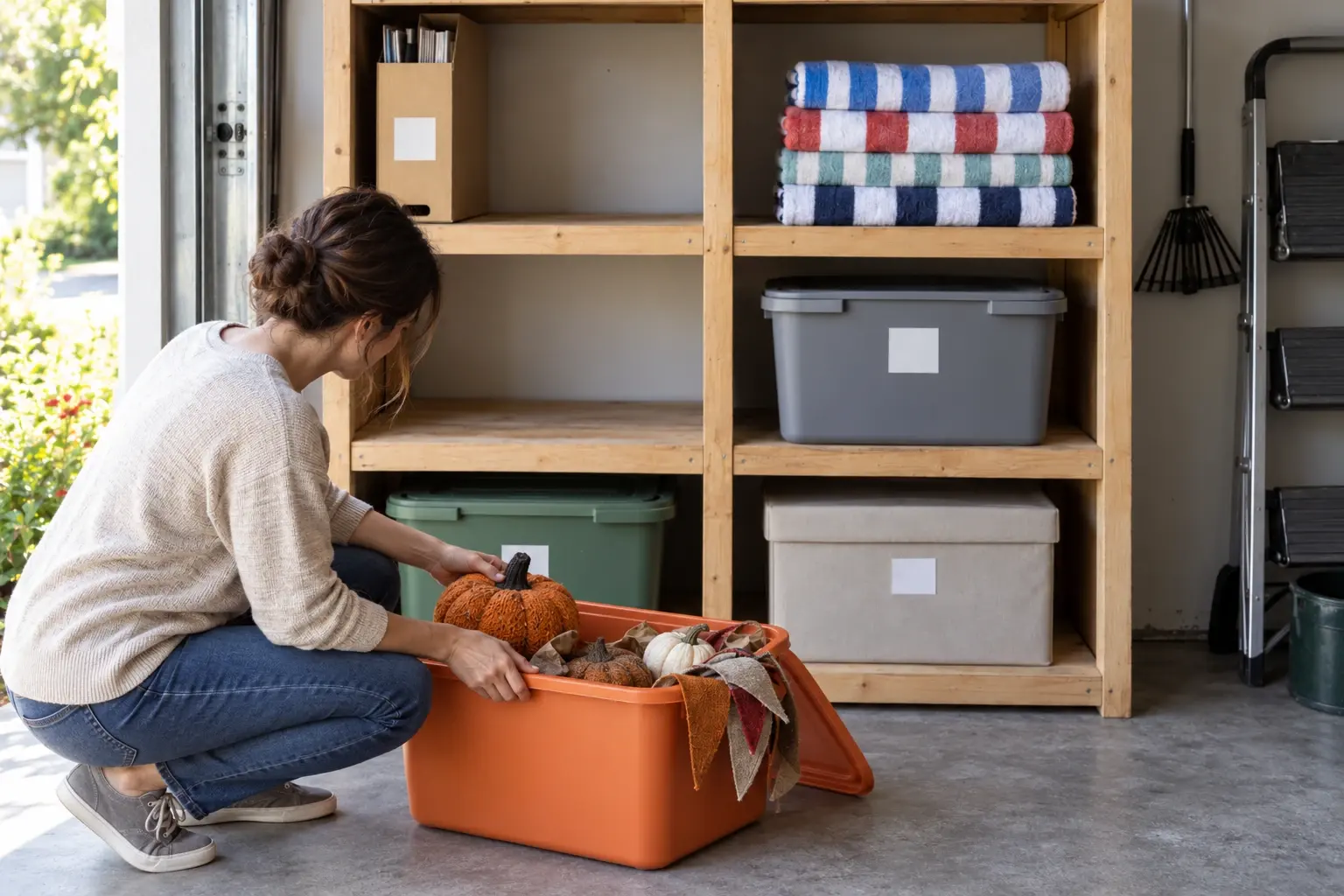 An adult crouching by garage shelves, lifting a fabric pumpkin from an open orange tote.