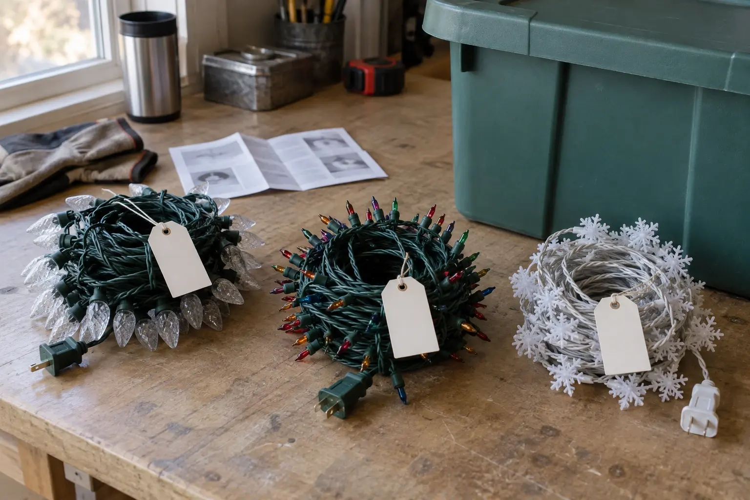 Three coiled strings of holiday lights, each with a blank paper tag, on a workbench beside a green tote.