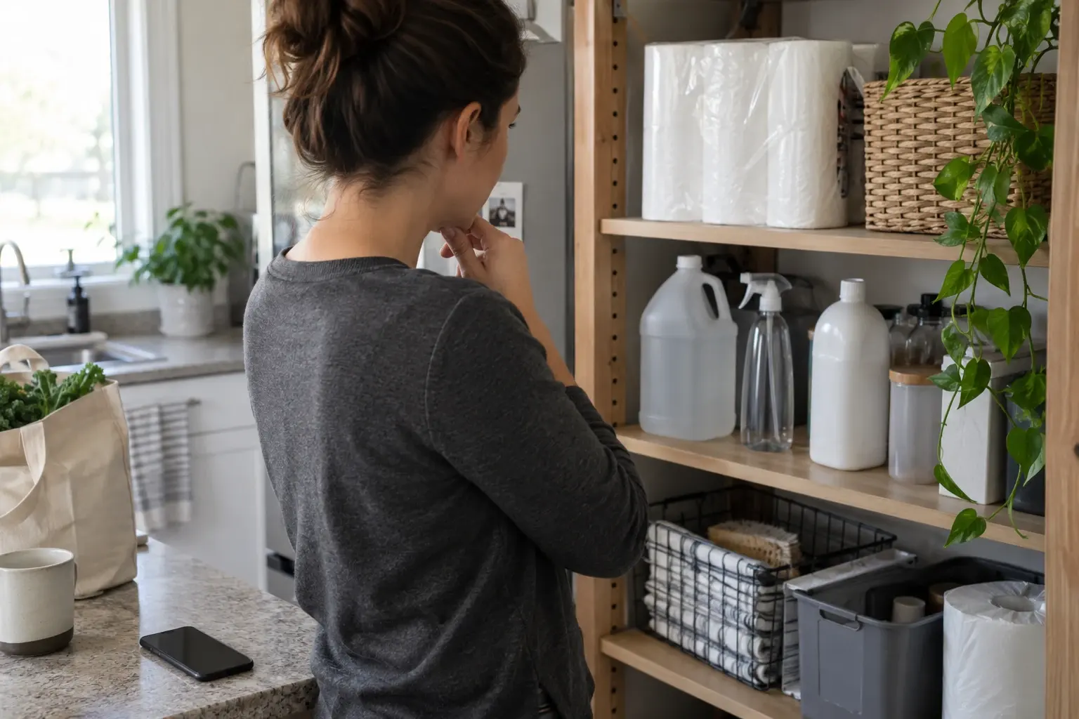 A person looking at a pantry shelf of paper towels, cleaning bottles, and baskets, with a phone and a grocery bag on the counter.